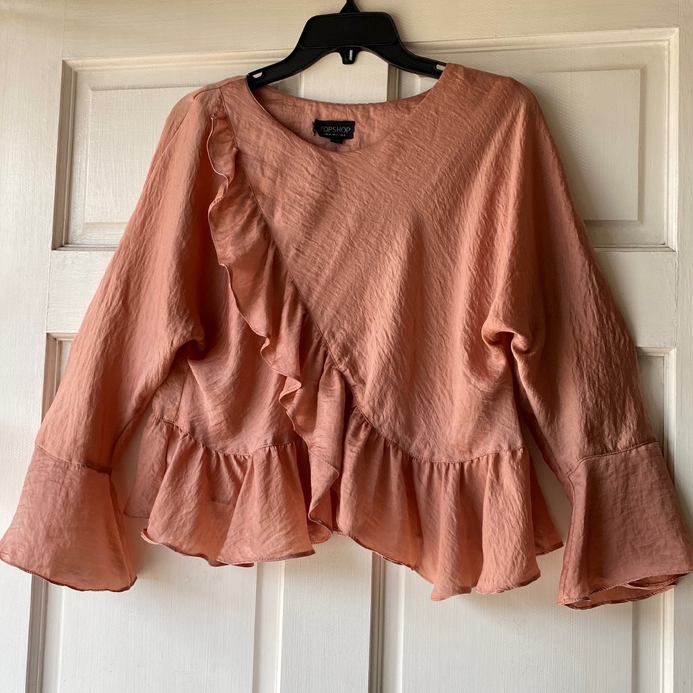 Topshop Pink Front Ruffle Long Sleeve Blouse Size 2